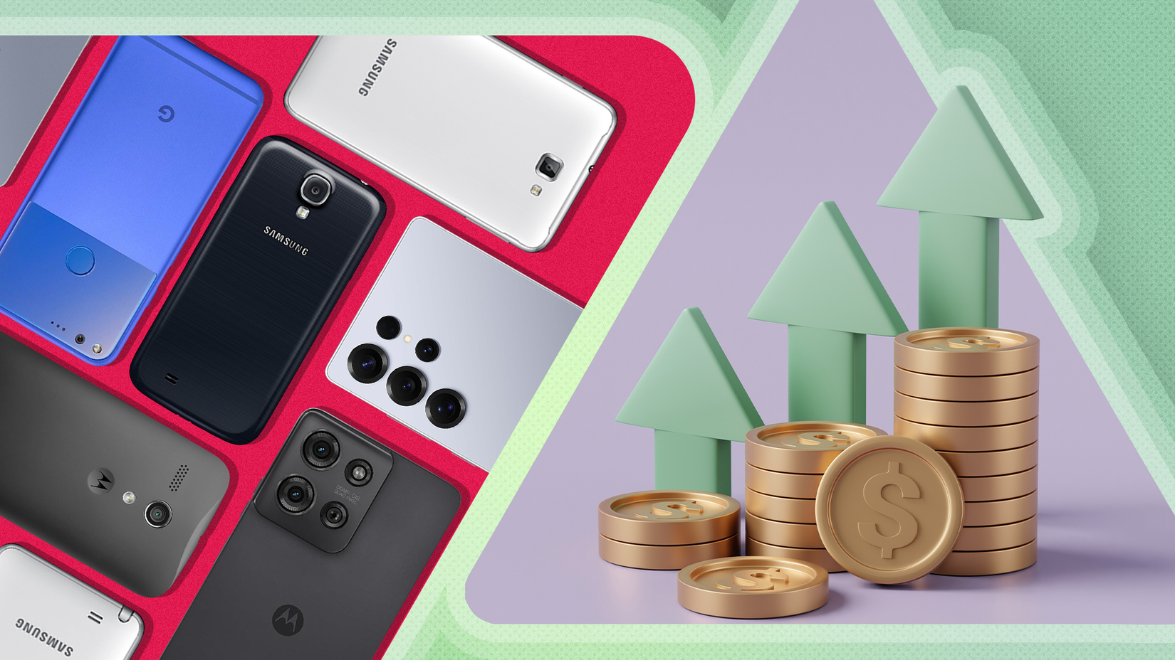 Alcuni smartphone affiancati e alcune monete sulla destra con frecce rivolte verso l’alto, a indicare gli aumenti di prezzo.