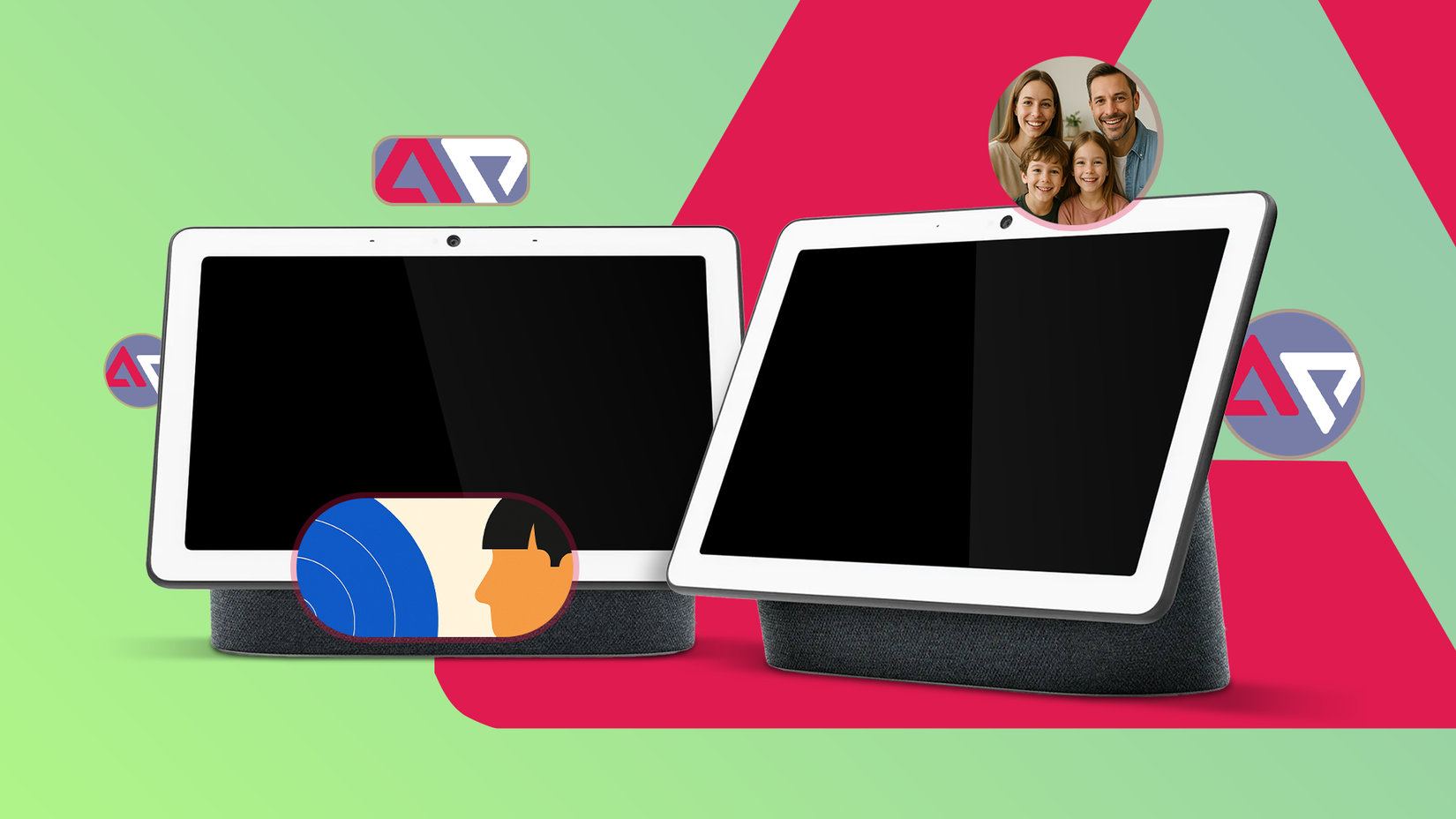 Two Google Nest Hub Max devices with some floating icons around them.