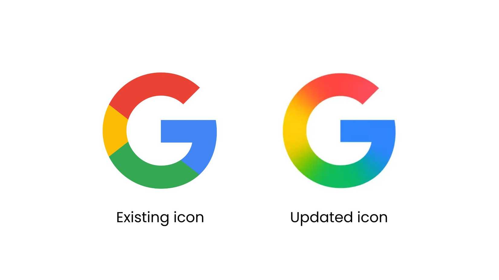 A Google G with segmented colors next to a Google G with gradients