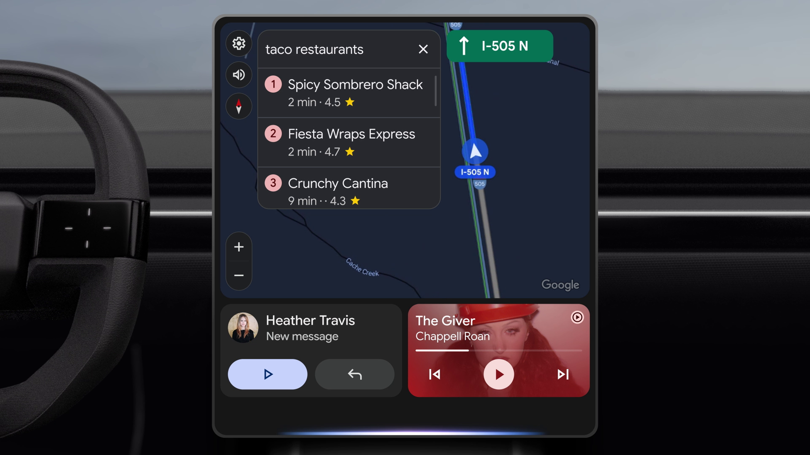 A render of Gemini active and listening in Android Auto
