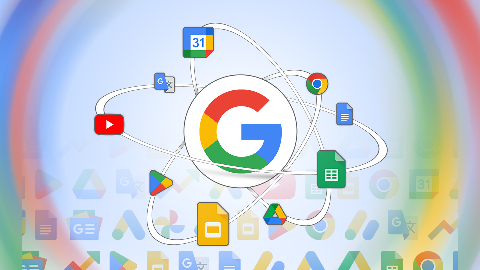 Google logo with several of its apps around it.