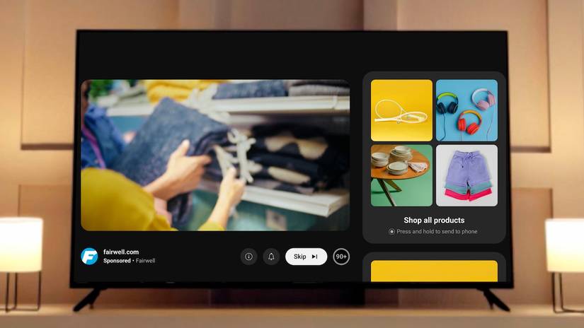 Imagem de uma TV executando o aplicativo do YouTube exibindo um anúncio em vídeo que pode ser comprado.
