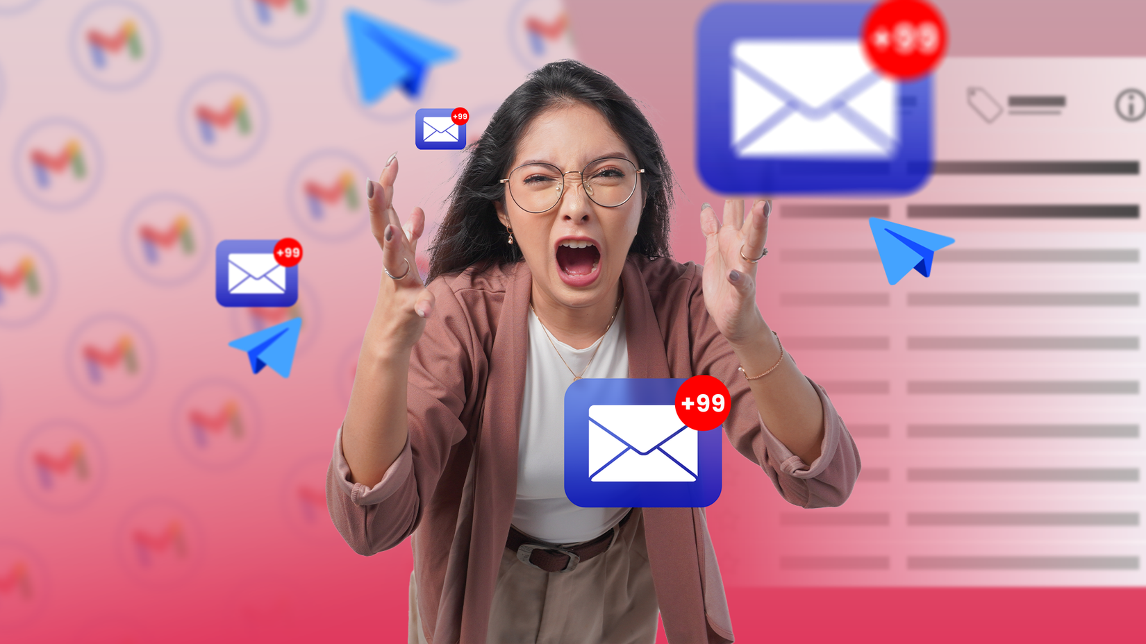 A frustrated woman screams with her hands raised, surrounded by several unread emails, with a blurred Gmail inbox in the background.