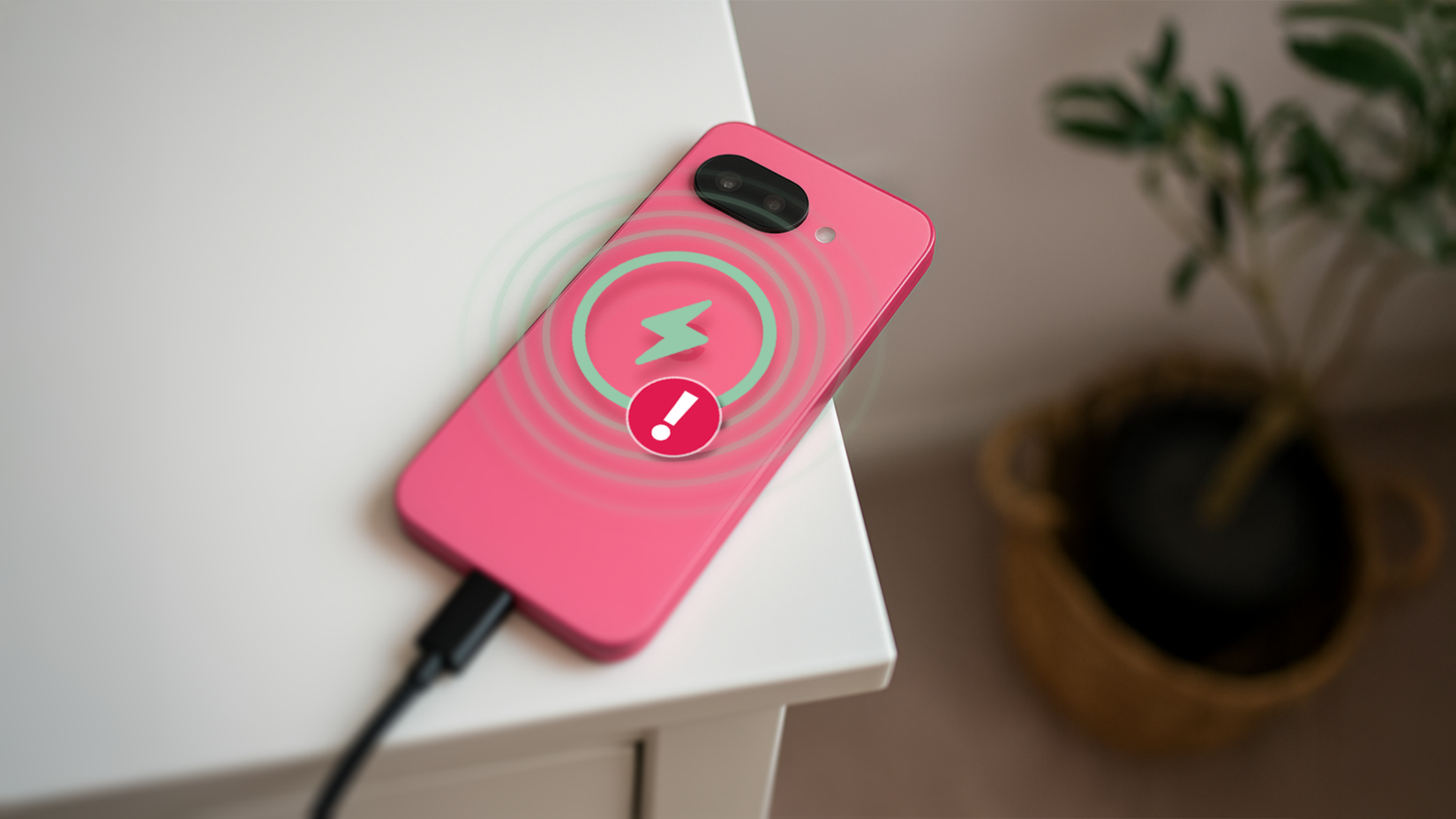 A Google Pixel 9a lying on a table while charging, with a warning icon.