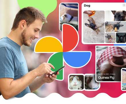 Um homem encostado na parede usando seu telefone, cercado por lembranças fotográficas do Google Fotos, com o logotipo no centro.