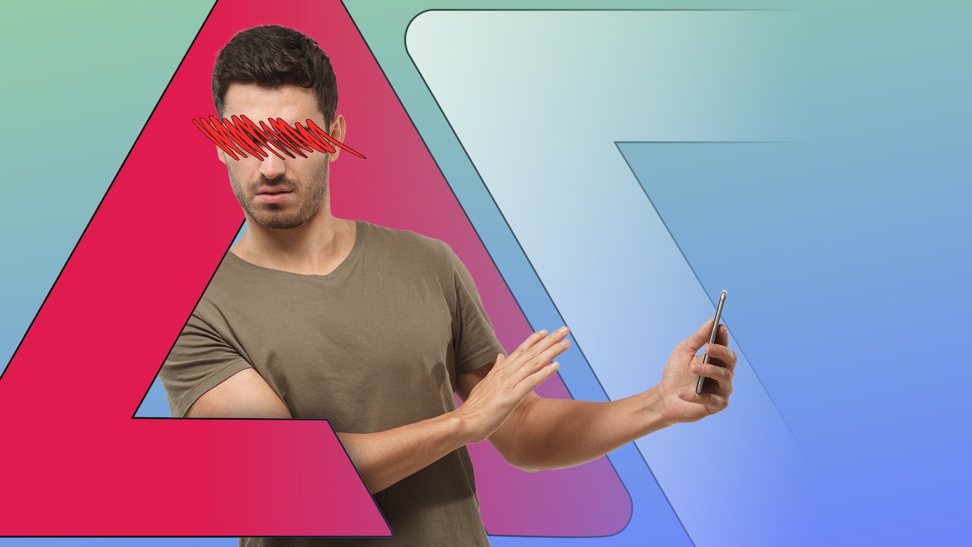 Um homem com rabiscos vermelhos nos olhos afasta o smartphone com uma expressão séria.