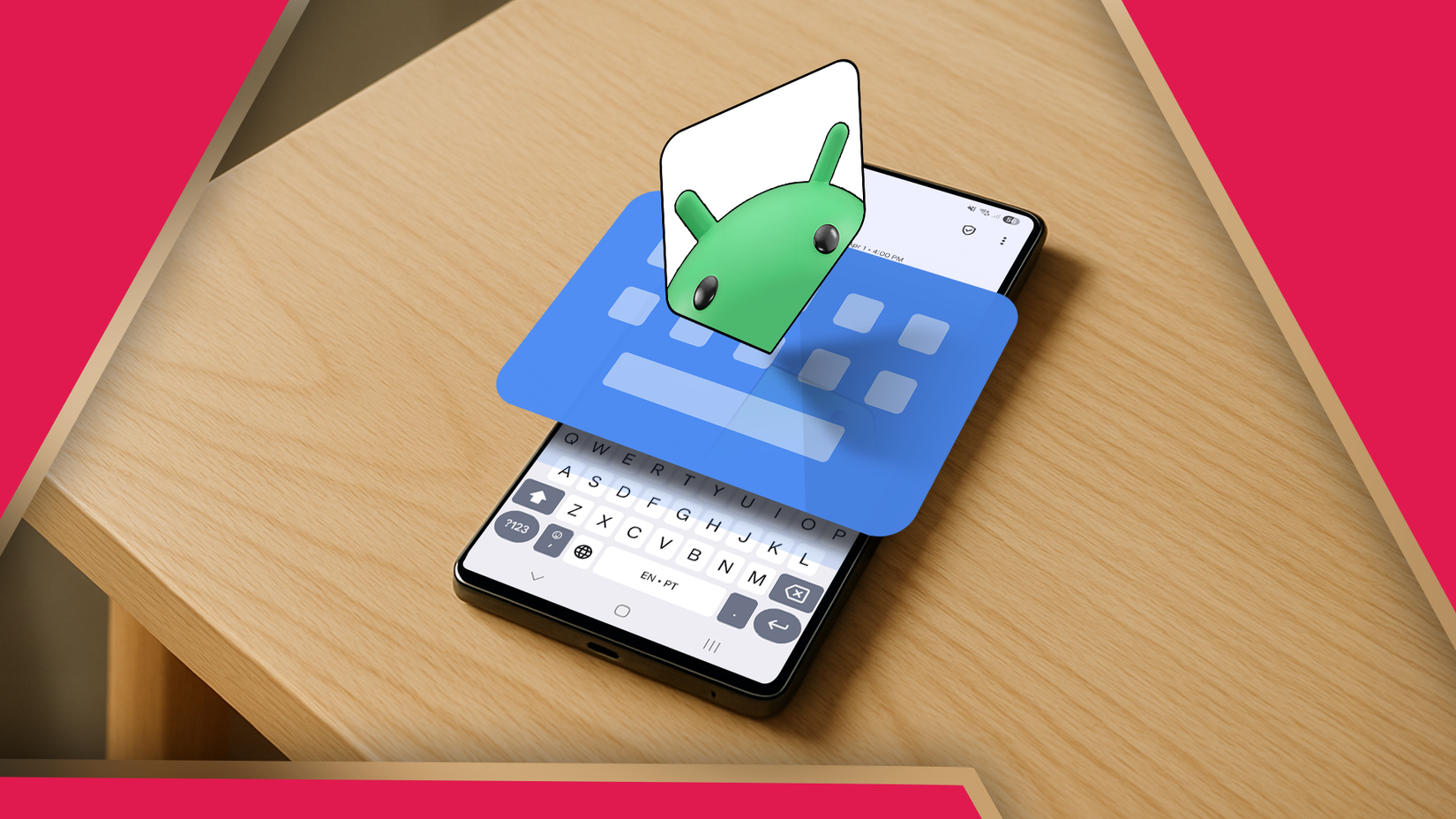 هاتف على طاولة به رسم توضيحي للوحة مفاتيح يظهر عليها شعار Android يحوم فوق الشاشة