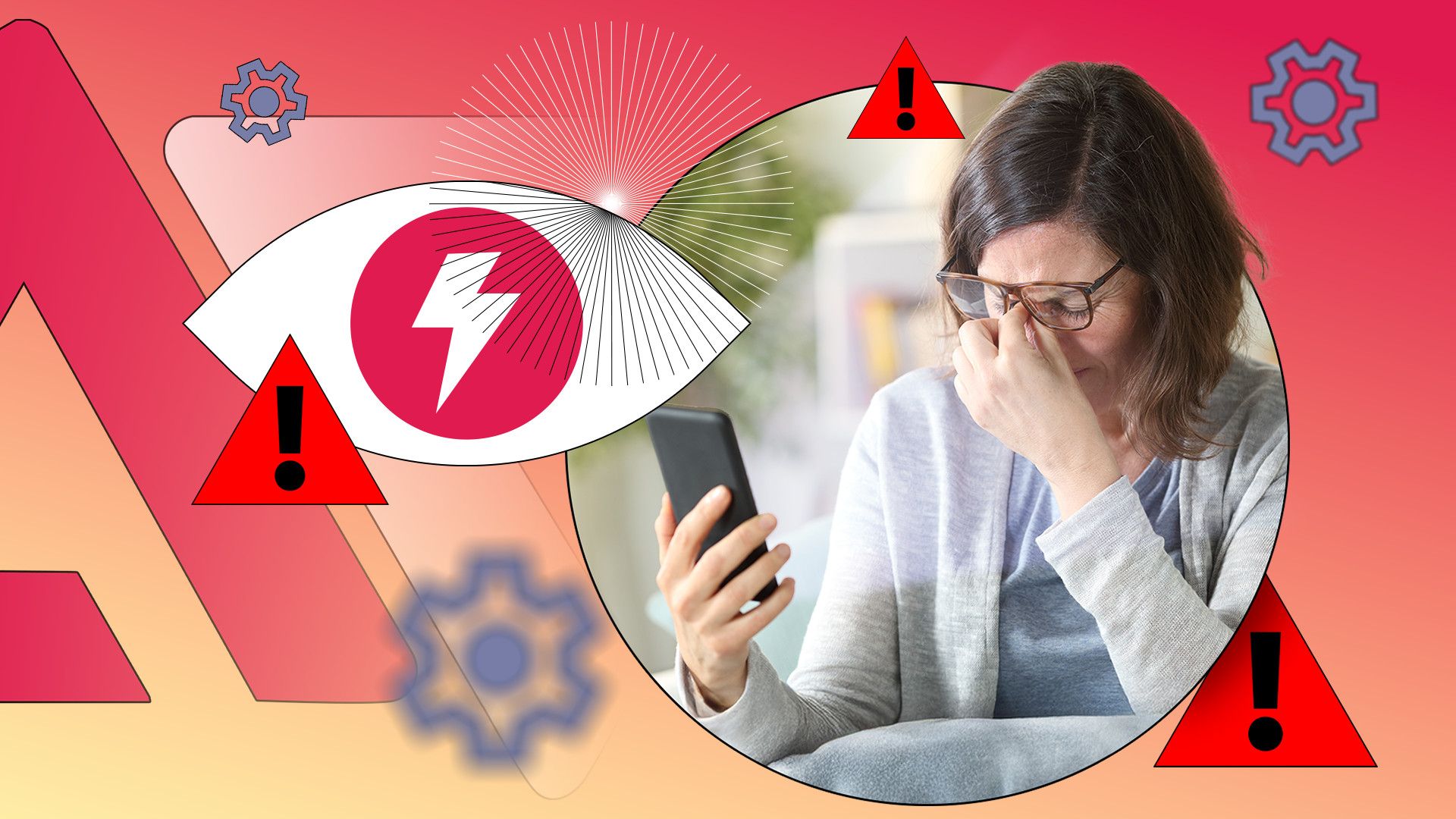 Uma mulher usando o telefone enquanto esfrega os olhos cansados, com um ícone de olho ao lado dela e vários símbolos de aviso e ícones de configurações ao redor.