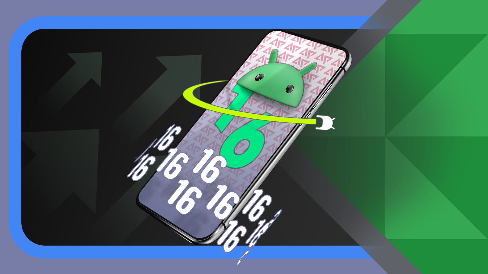 A composition featuring the Android 16 logo, with the Android mascot displayed on a central smartphone