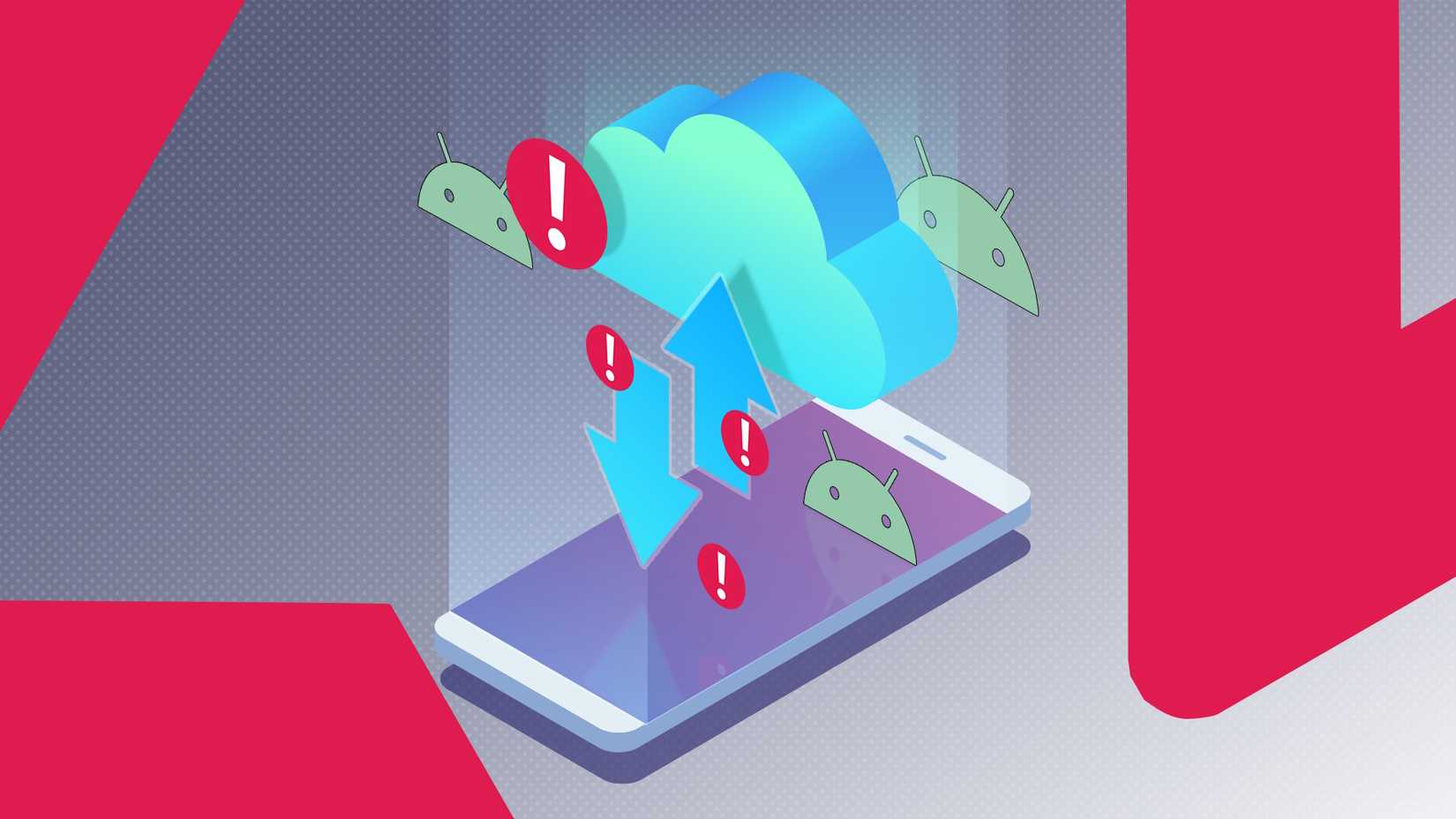 Illustration of a smartphone with a cloud backup icon above it, surrounded by red exclamation marks and Android icons, indicating backup issues.