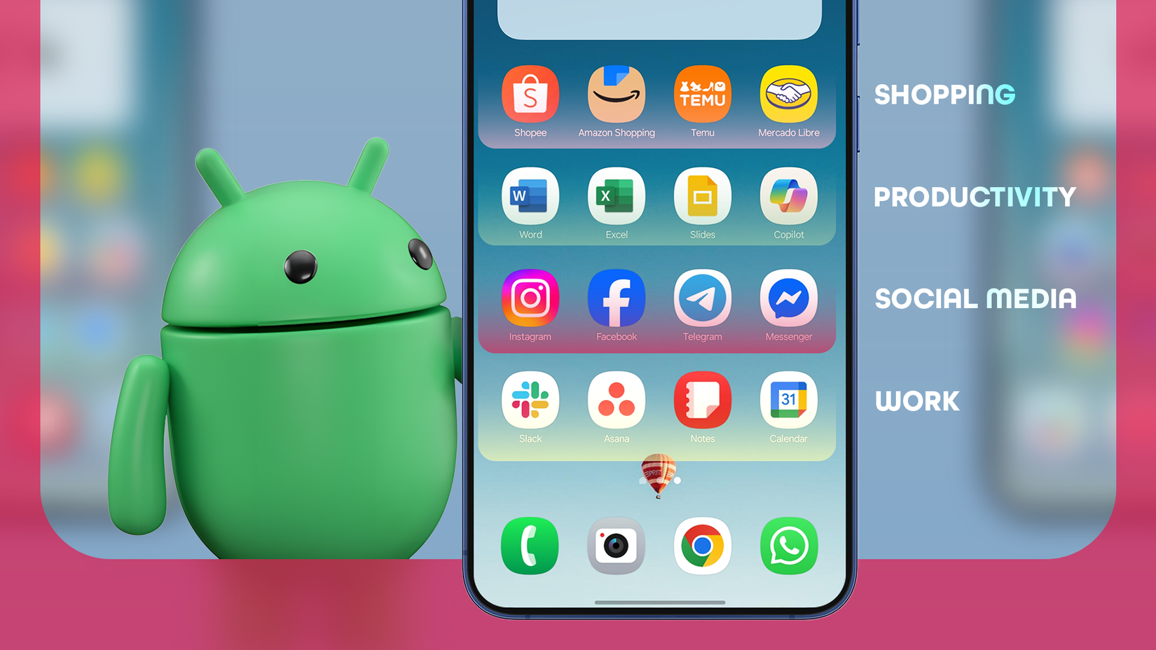 Android mascot next to a phone with apps organized into focus zones.