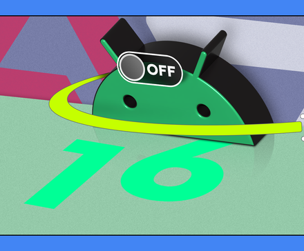 Mascote do Android com botão liga / desliga desligado, parcialmente escondido atrás do número 16, simbolizando recursos desativados do Android 16.
