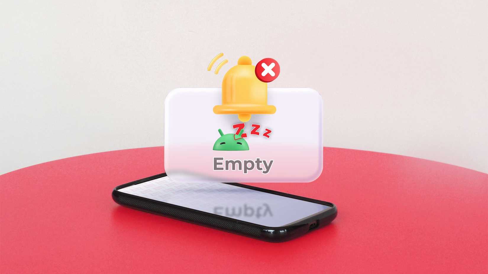 Um smartphone virado para cima sobre uma mesa vermelha com um ícone de notificação flutuante acima dele, mostrando uma campainha silenciada e uma cabeça de Android adormecida.
