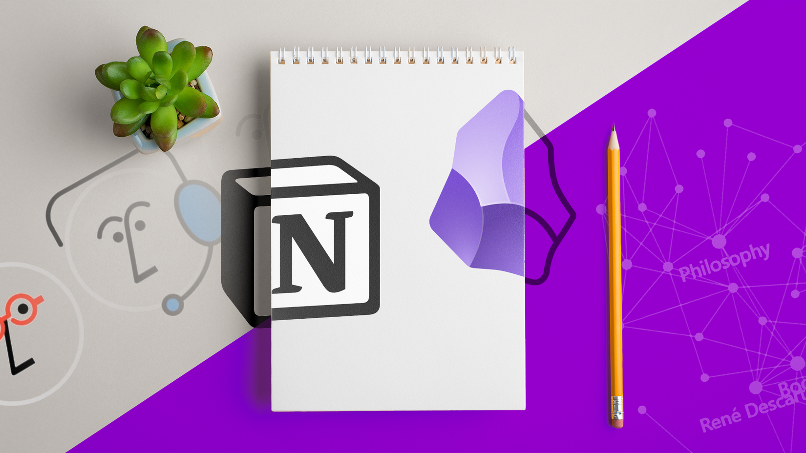 A notebook displaying the Notion logo on the left and the Obsidian logo on the right, placed on a split-colored surface with abstract icons and a pencil beside it.