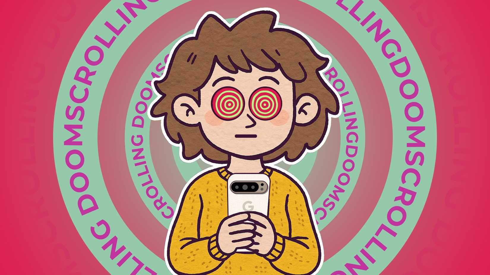 Illustration of a person with spiral eyes holding a smartphone looking dazed with the word doomscrolling repeatedly spiraling in the background