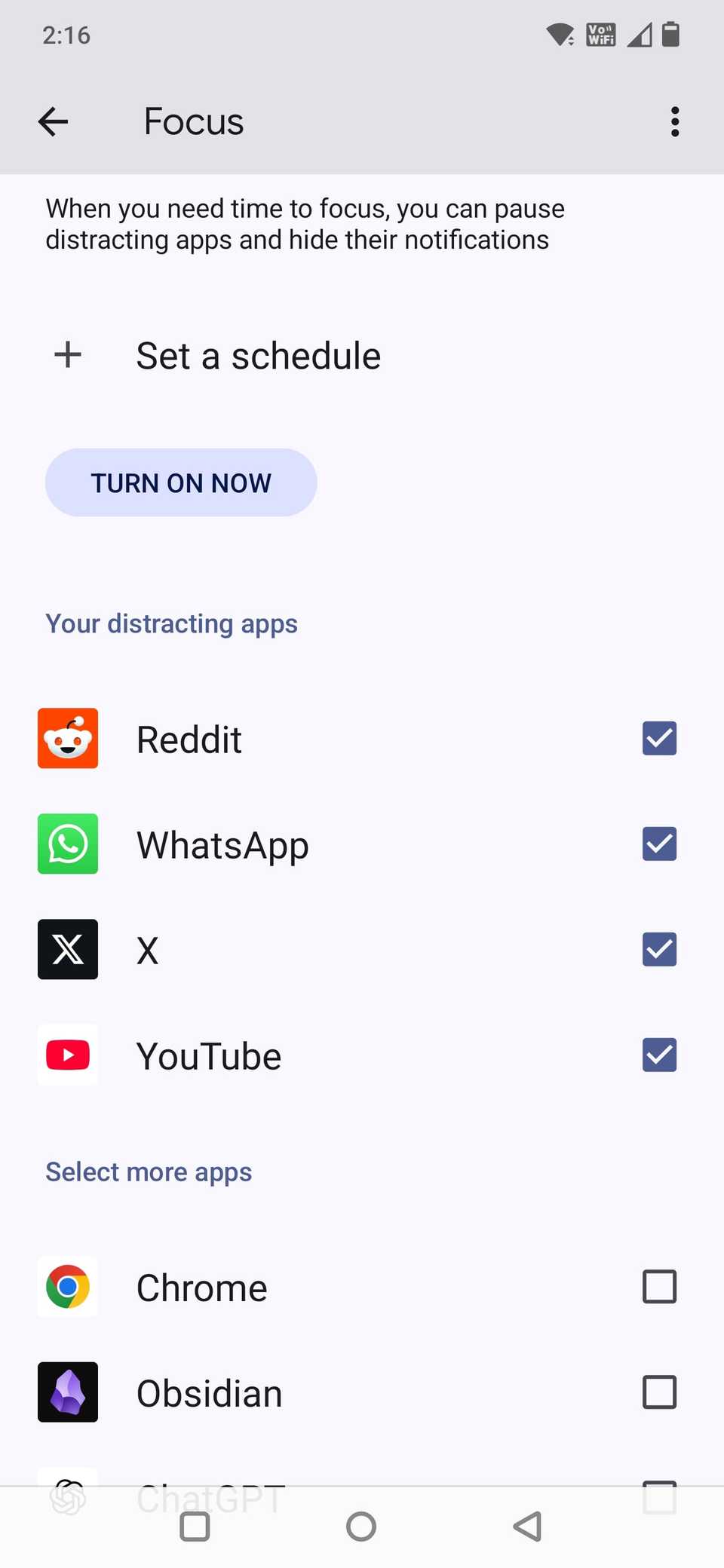 Screenshot of the Focus mode page showing all the distracting apps