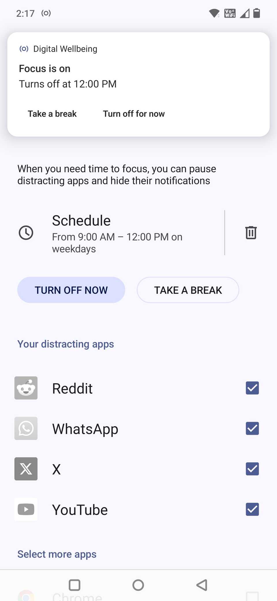 Screenshot of the Focus mode page showing with the schedule on