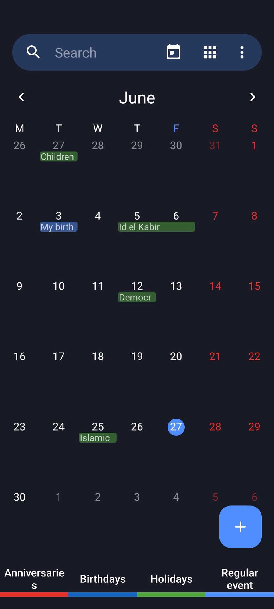 Aplicativo de calendário com eventos de cores diferentes no aplicativo Fossify Calendar