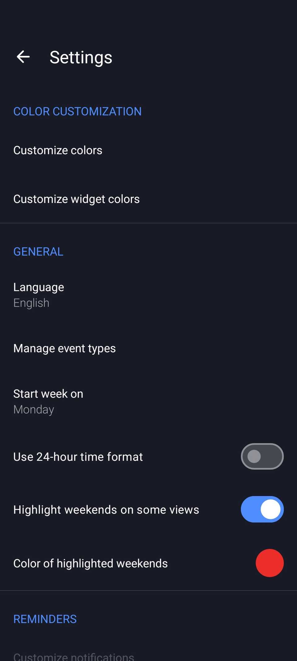 Menu de configurações mostrando personalização de cores e outras opções no aplicativo Fossify Calendar