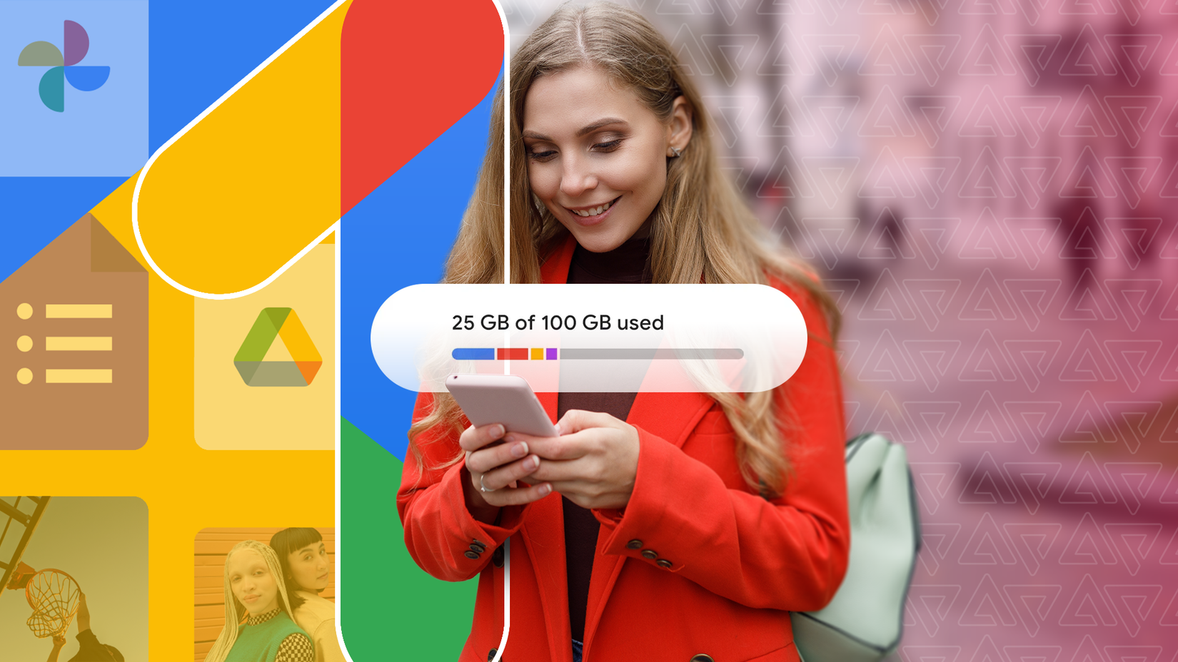 A happy woman using her phone with a storage bar above the screen and the Google One logo on the left.