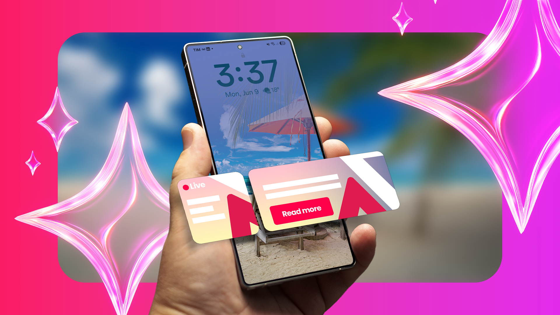 Hand holding a smartphone with interactive elements highlighted on the screen against a pink gradient background with sparkle icons.