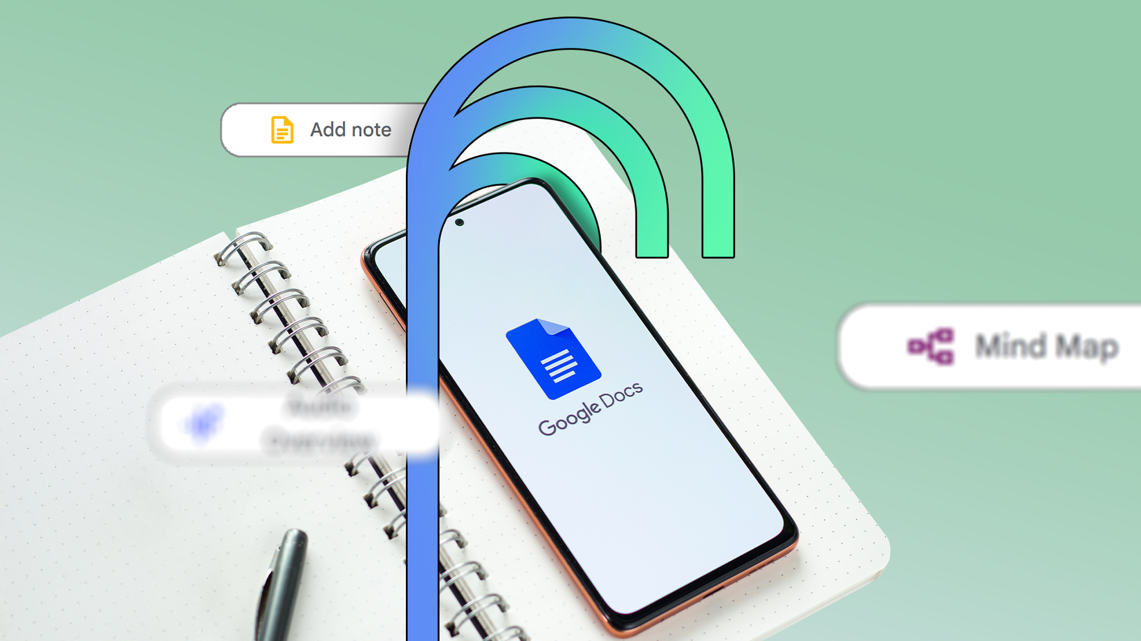 A smartphone displaying the Google Docs logo rests on an open notebook, with the NotebookLM logo overlayed above it.