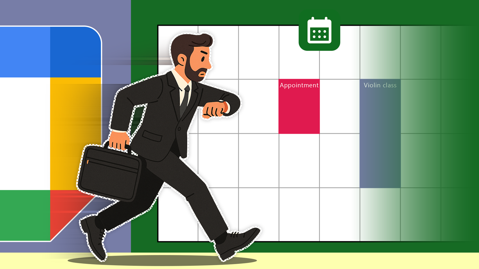 Illustration of a businessman rushing forward while checking his watch, with a calendar interface in the background displaying scheduled events.
