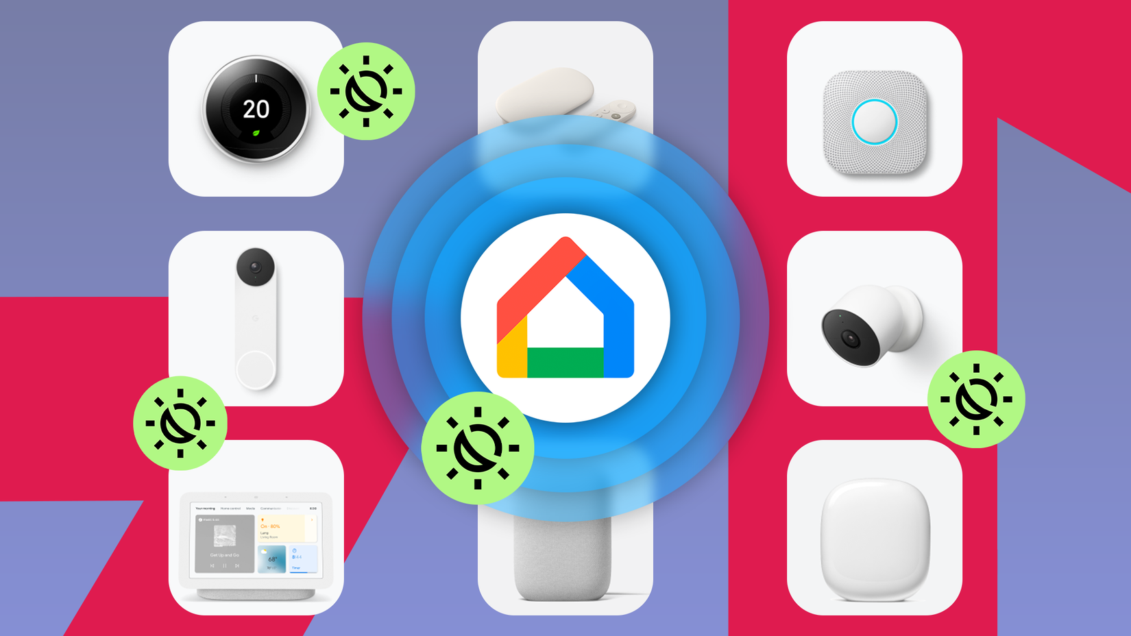 Illustration showing several Google Nest smart home devices and routine icons arranged around the Google Home logo at the center.-1