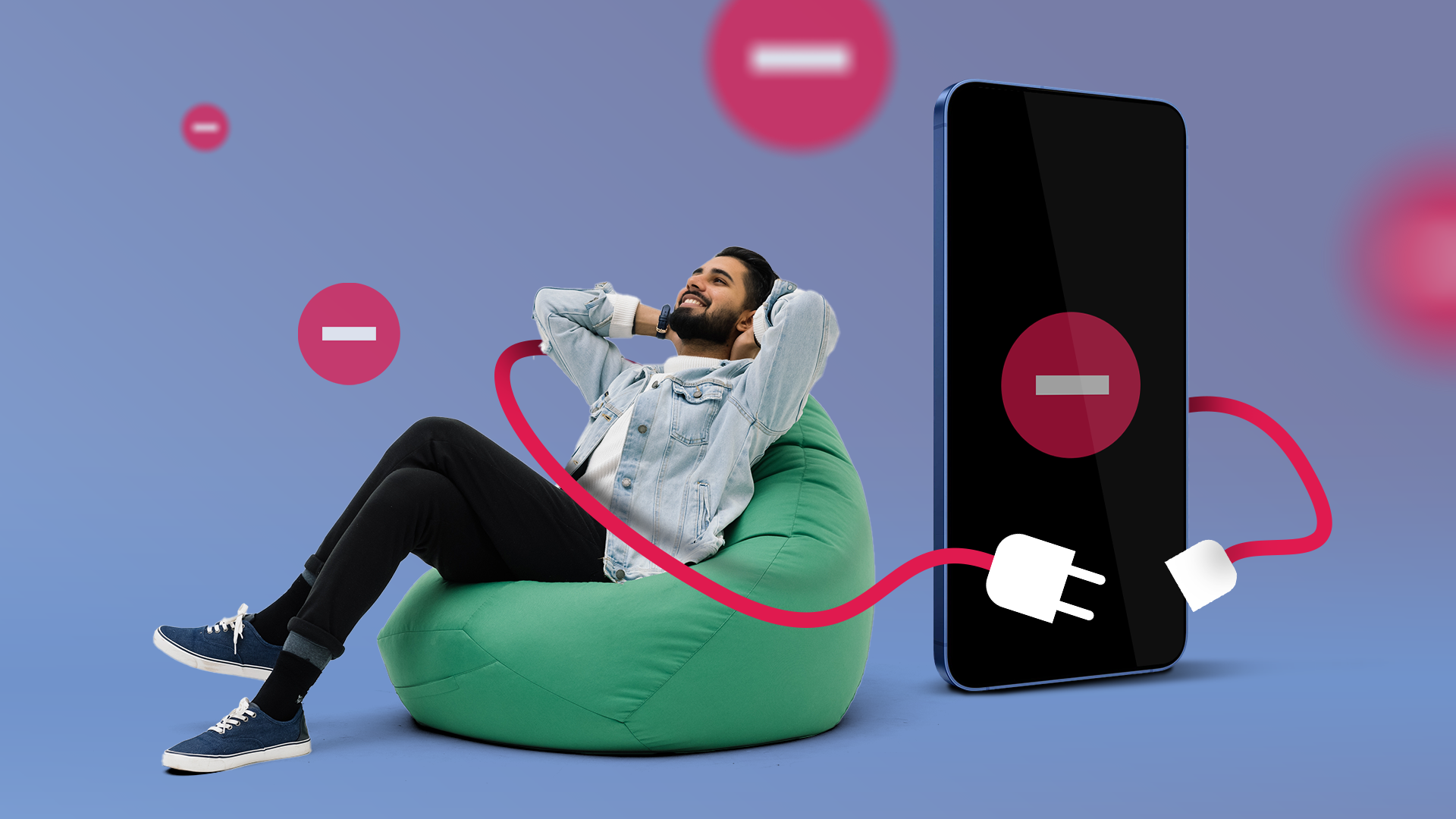Uomo che si rilassa su una poltrona a sacco disconnessa da un grande smartphone su cui è visualizzato il simbolo 