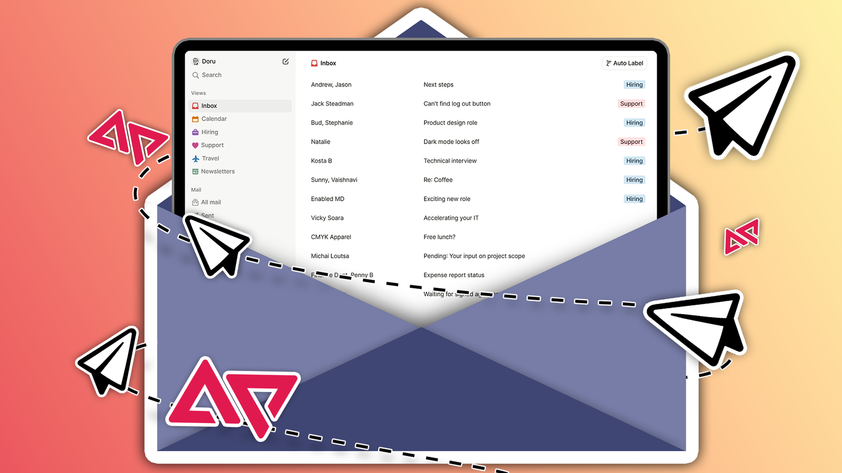 Notion Mail interface inside an envelope with its logo around it.