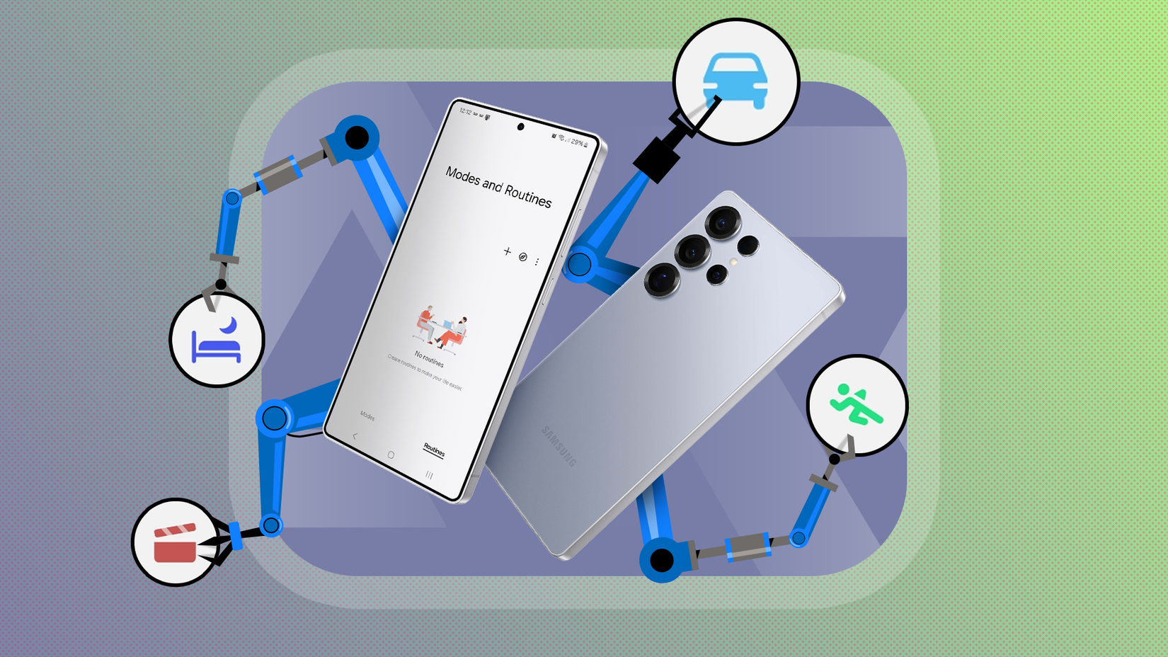 Um Galaxy S25 Ultra com braços robóticos emergindo por trás dele, segurando alguns ícones de rotinas.