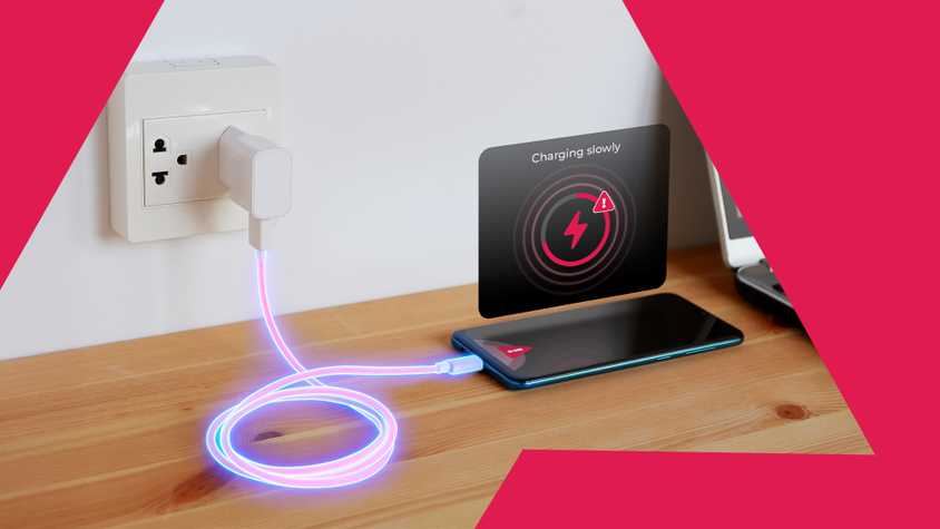 Smartphone charging with a glowing cable, displaying a 'Charging slowly' warning icon above the device.