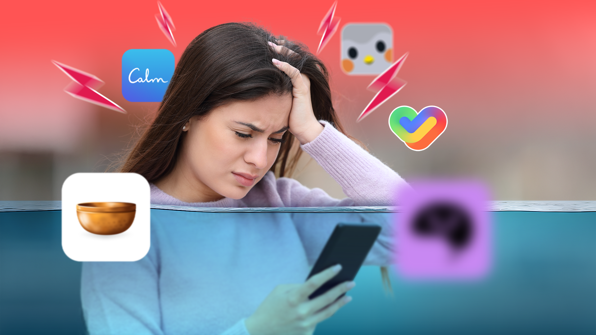 Donna stressata che guarda il telefono, parzialmente sommerso nell'acqua, circondato da fulmini e icone di app calmanti e per la salute mentale.
