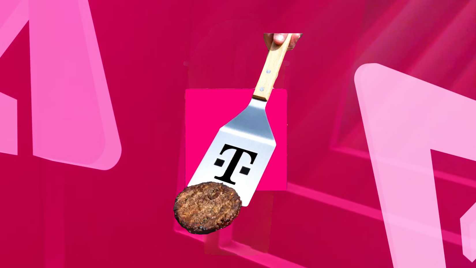 A spatula with the T-Mobile logo cut out of the face, on a pink background, between the two halves of the Android Police logo.