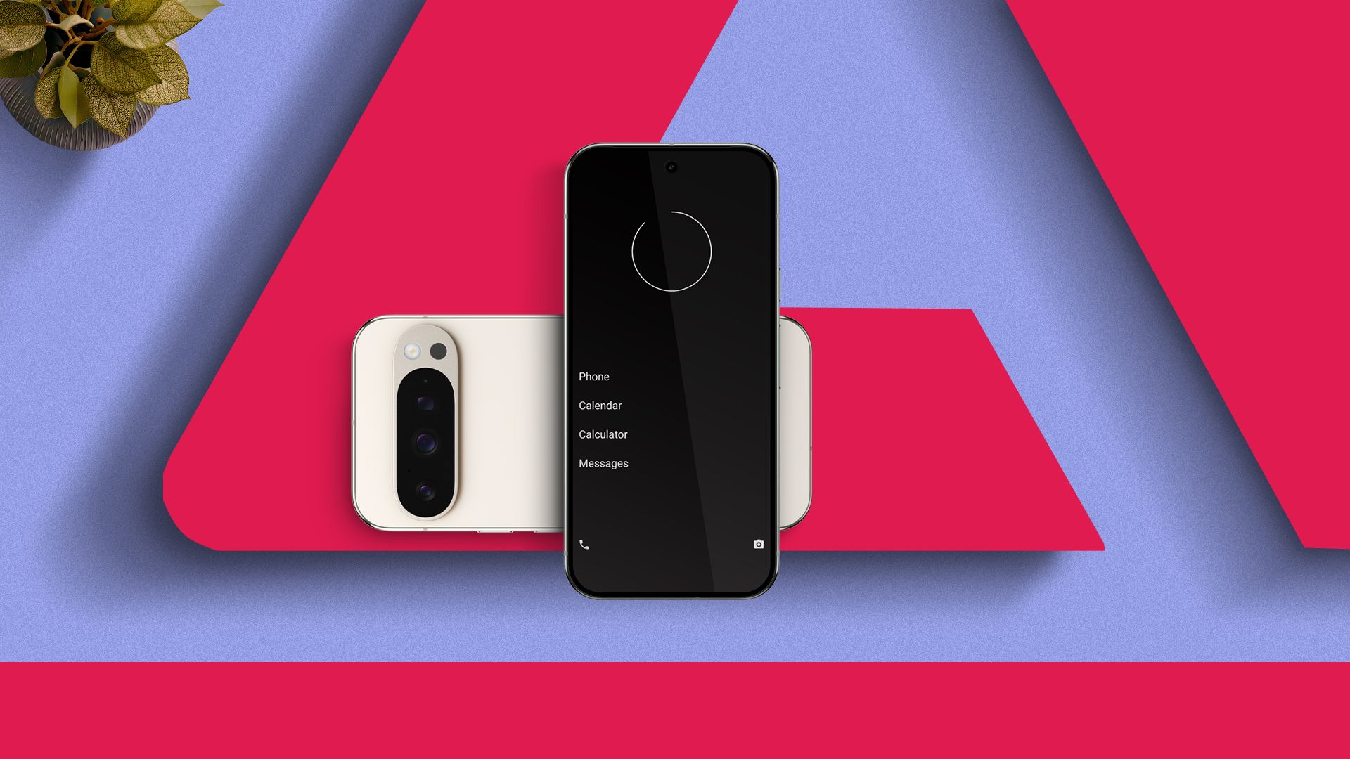 Due smartphone Google Pixel posizionati su una superficie rossa stilizzata, uno rivolto in avanti mostra una schermata iniziale minimalista e l'altro mostra la fotocamera posteriore