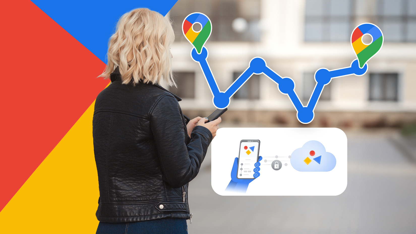 Mulher segurando um smartphone enquanto visualiza a linha do tempo do Google Maps, ilustrada por um caminho conectado de ícones de localização do Google Maps ao lado dela