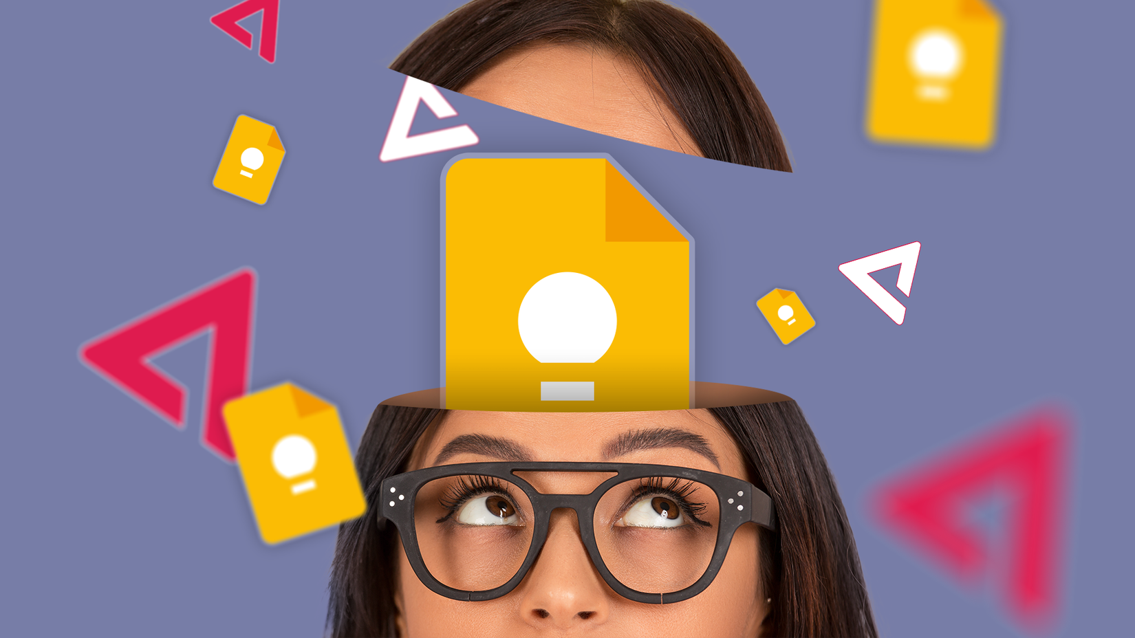 Woman wearing glasses looking upward as the top of her head is opened, with Google Keep icons emerging from it.