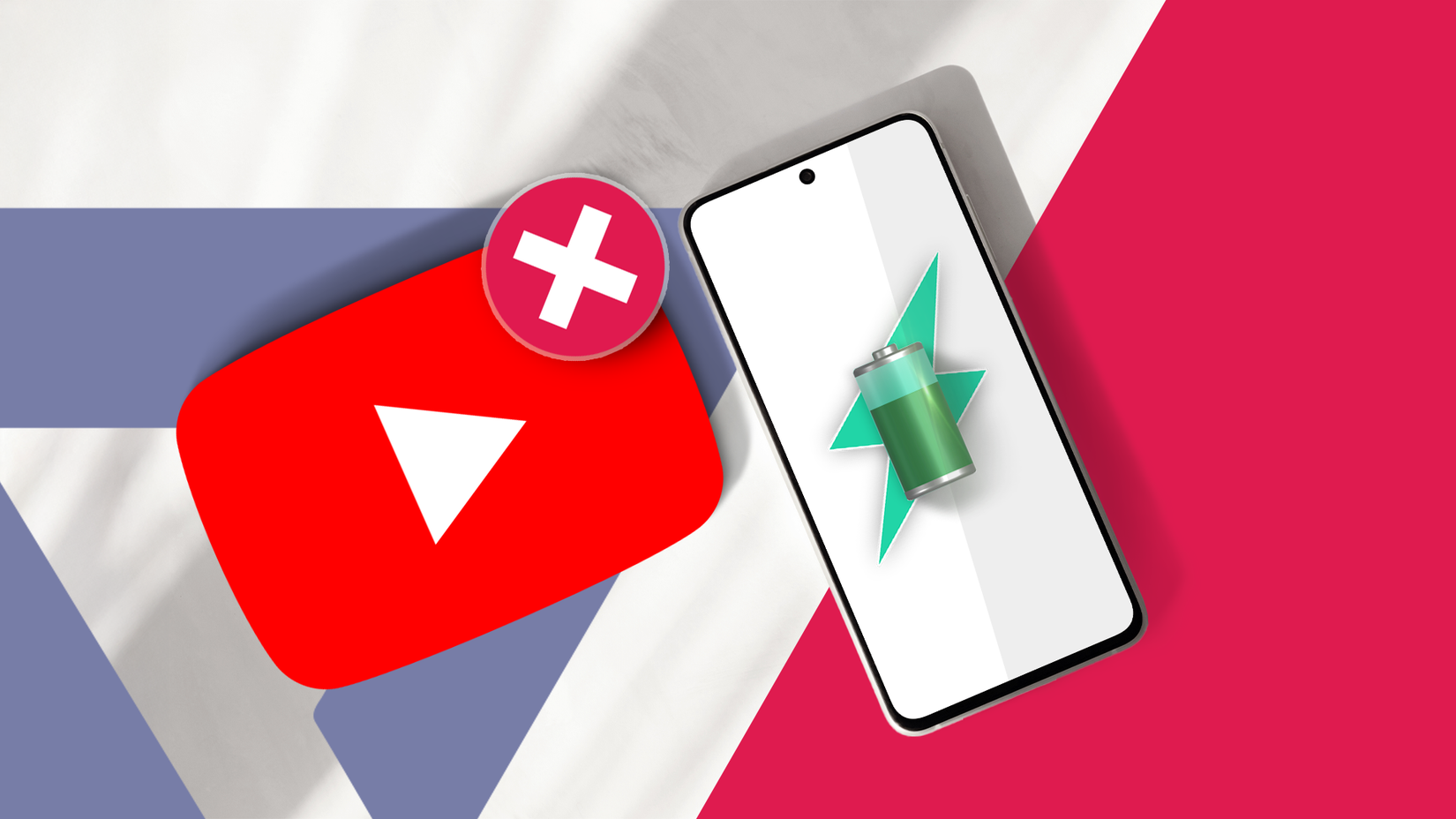 O ícone do YouTube com um 'X' sobre ele, ao lado de um smartphone mostrando uma bateria completa.