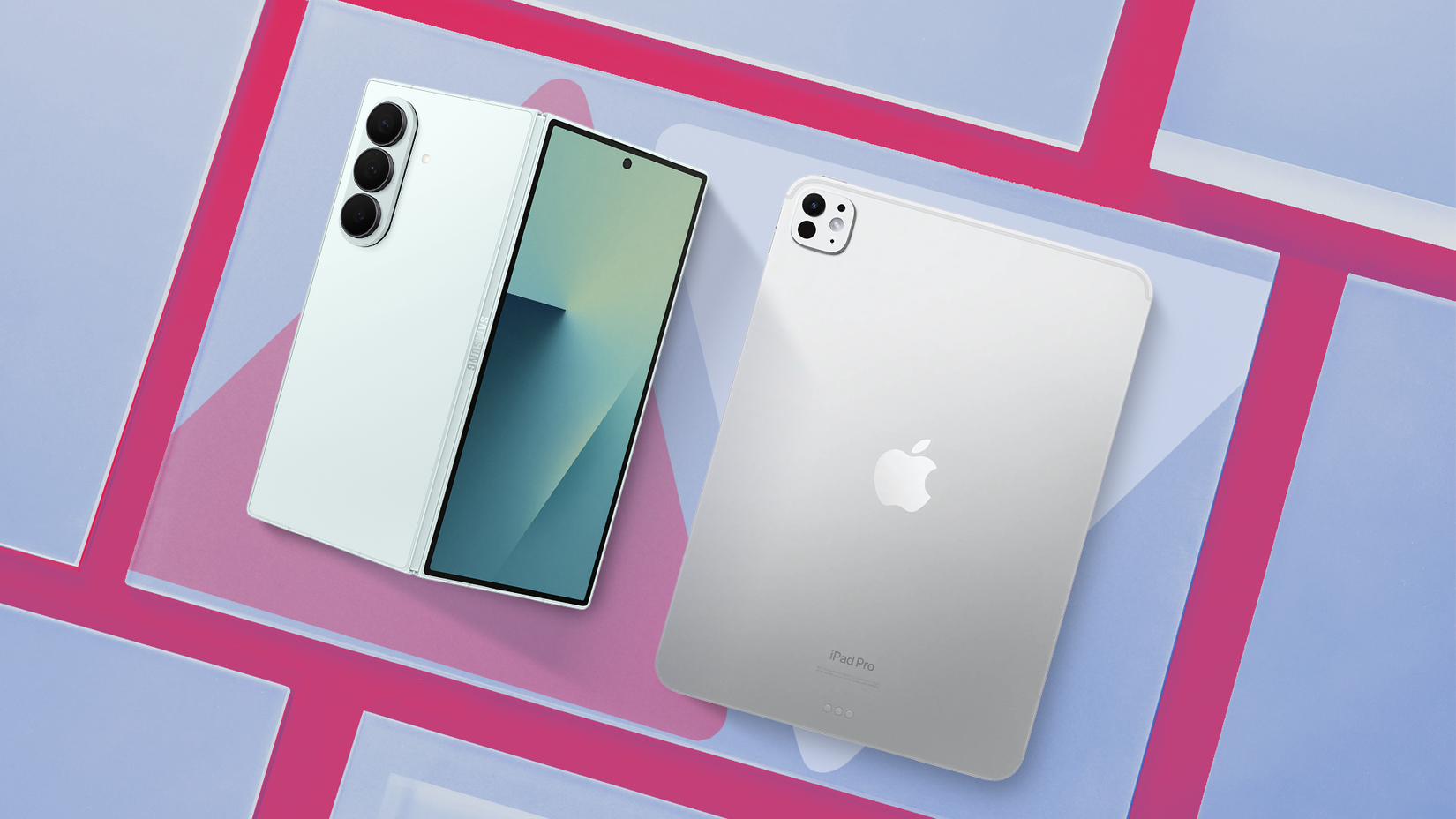 A Samsung Galaxy Z Fold 7 and next to an Apple iPad Pro, placed against a modern, geometric background.