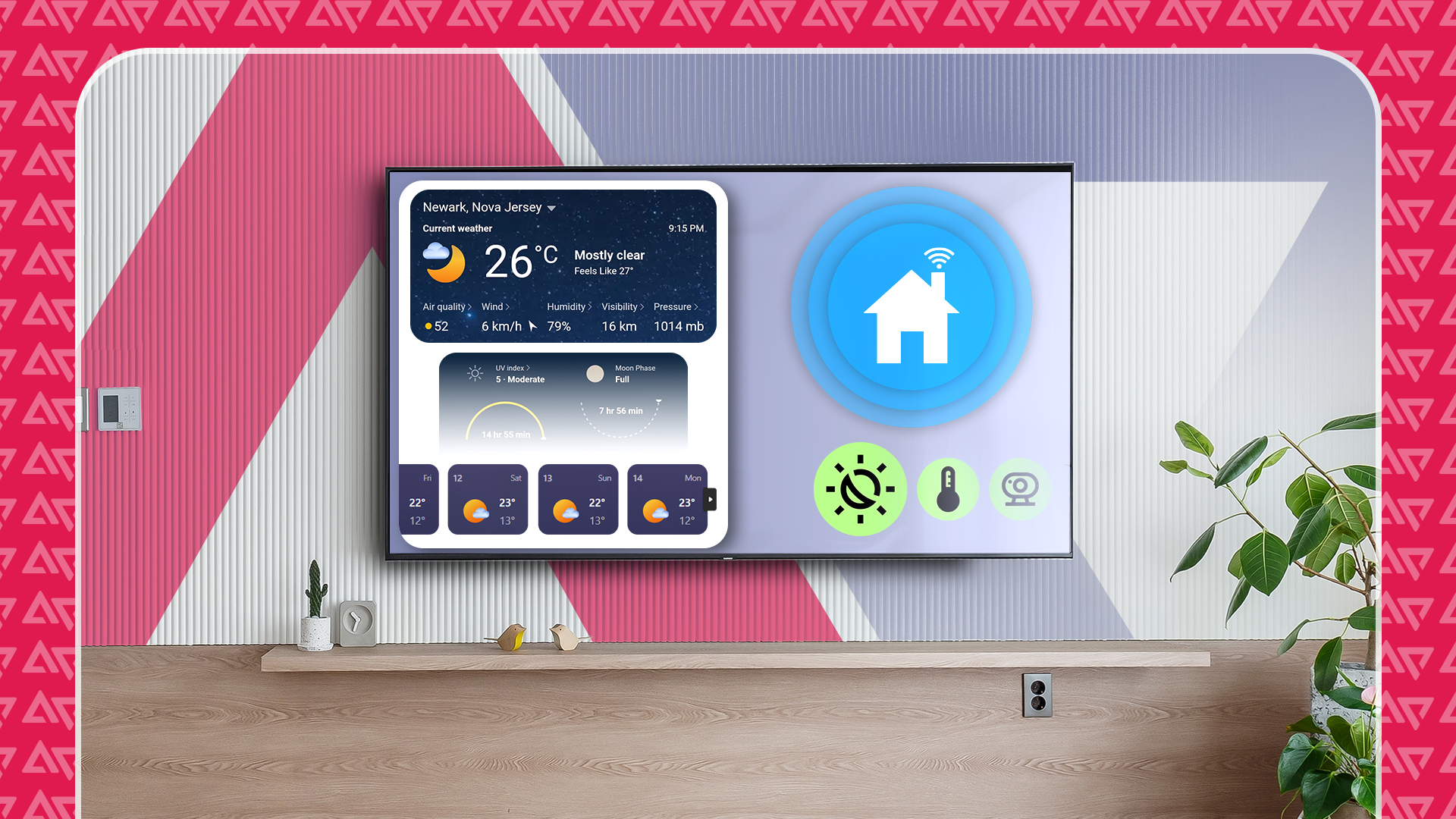 A smart TV mounted on a modern wall displays a weather dashboard and smart home controls.