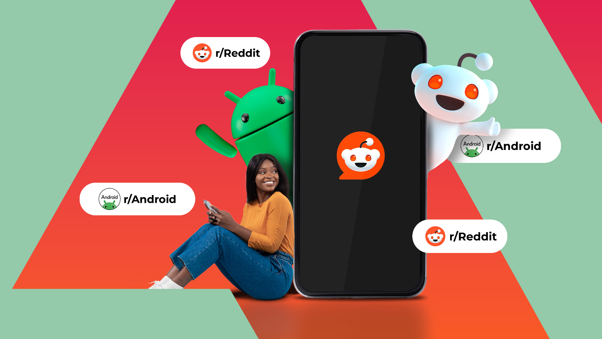 A smiling woman sits with a smartphone in hand, next to a large phone displaying the Reddit app icon, while the Android mascot and Reddit's Snoo character pop out playfully.