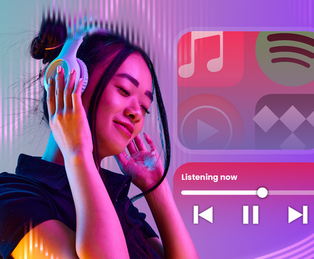 A woman enjoying music with headphones, set against a vibrant background with waveforms, featuring Apple Music, Spotify, YouTube Music, and Tidal logos, along with a floating playback interface.