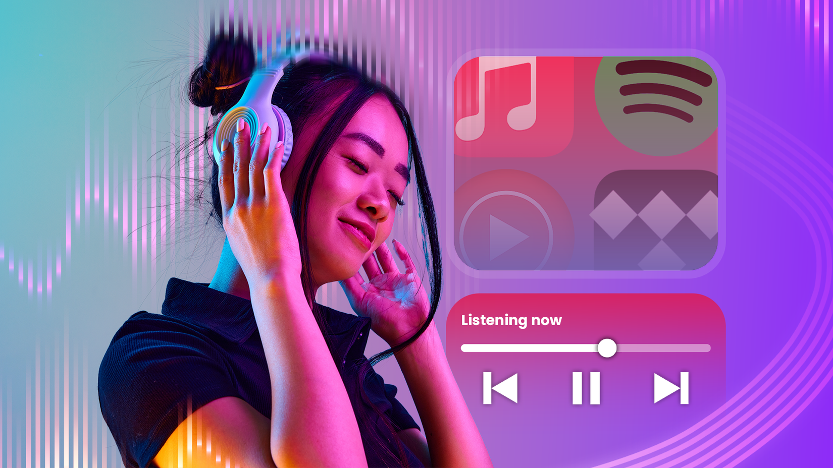 Uma mulher curtindo música com fones de ouvido, em um fundo vibrante com formas de onda, apresentando os logotipos Apple Music, Spotify, YouTube Music e Tidal, além de uma interface de reprodução flutuante.