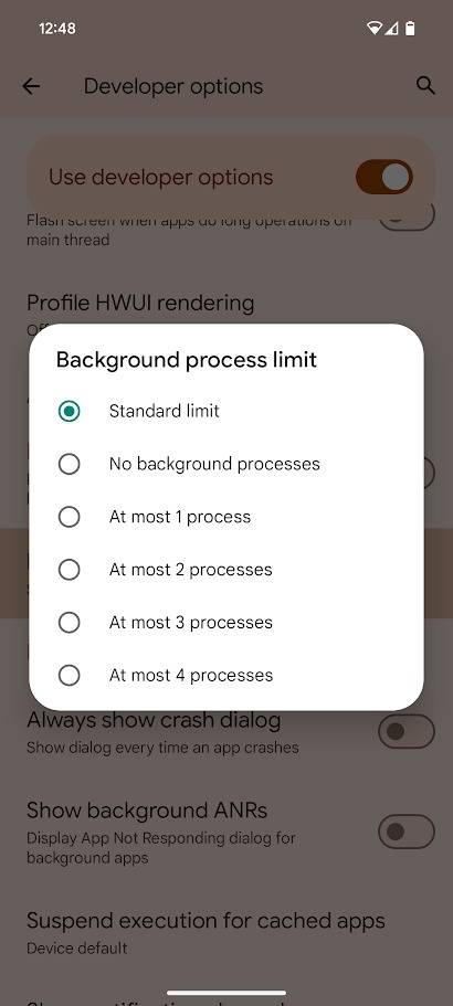 android background process limit settings