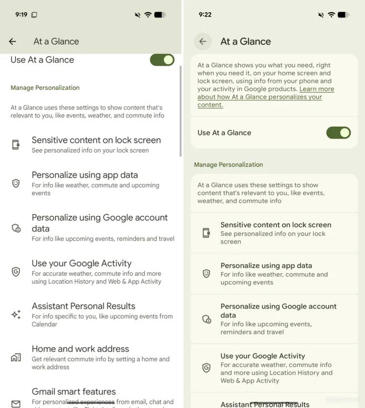 A screenshot highlighting At a Glance's expressive redesign.