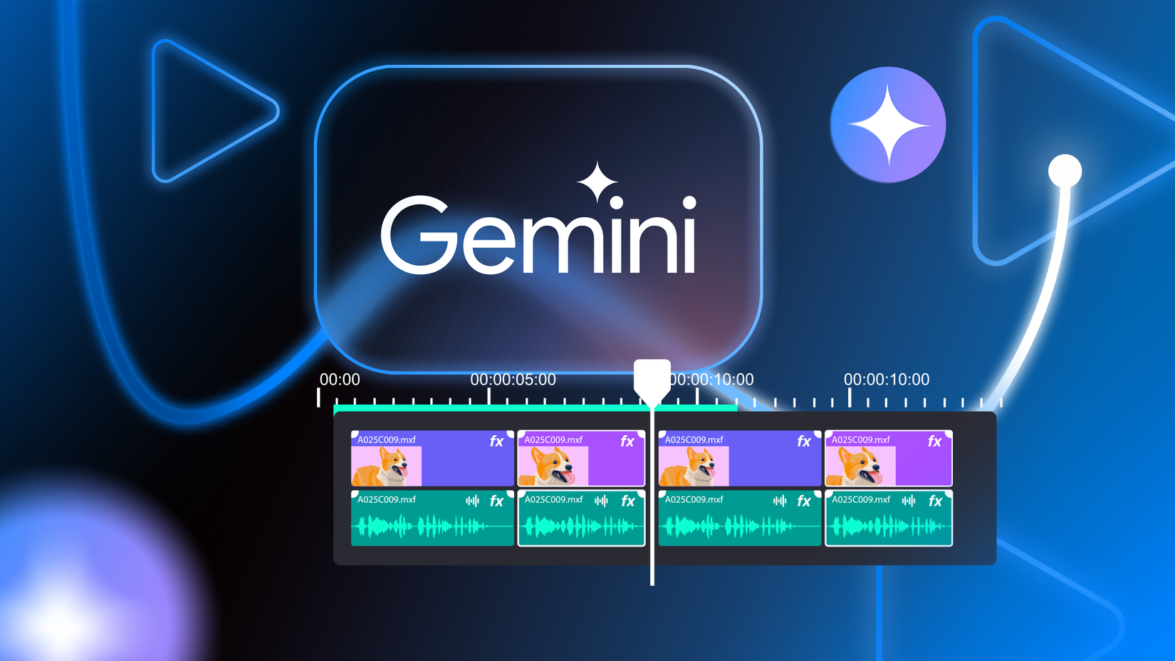 Gemini logo above a video editing timeline, showing video and audio tracks, set against a glowing blue background.