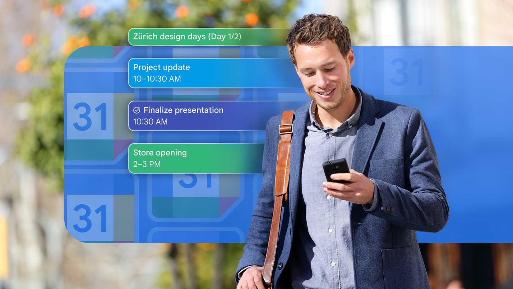 Man smiling while looking at his phone outdoors, with an overlay of a colorful Google Calendar schedule displaying some events.