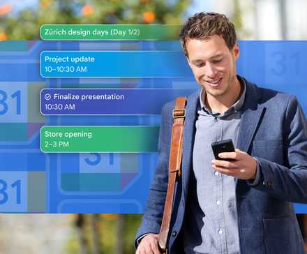 Man smiling while looking at his phone outdoors, with an overlay of a colorful Google Calendar schedule displaying some events.