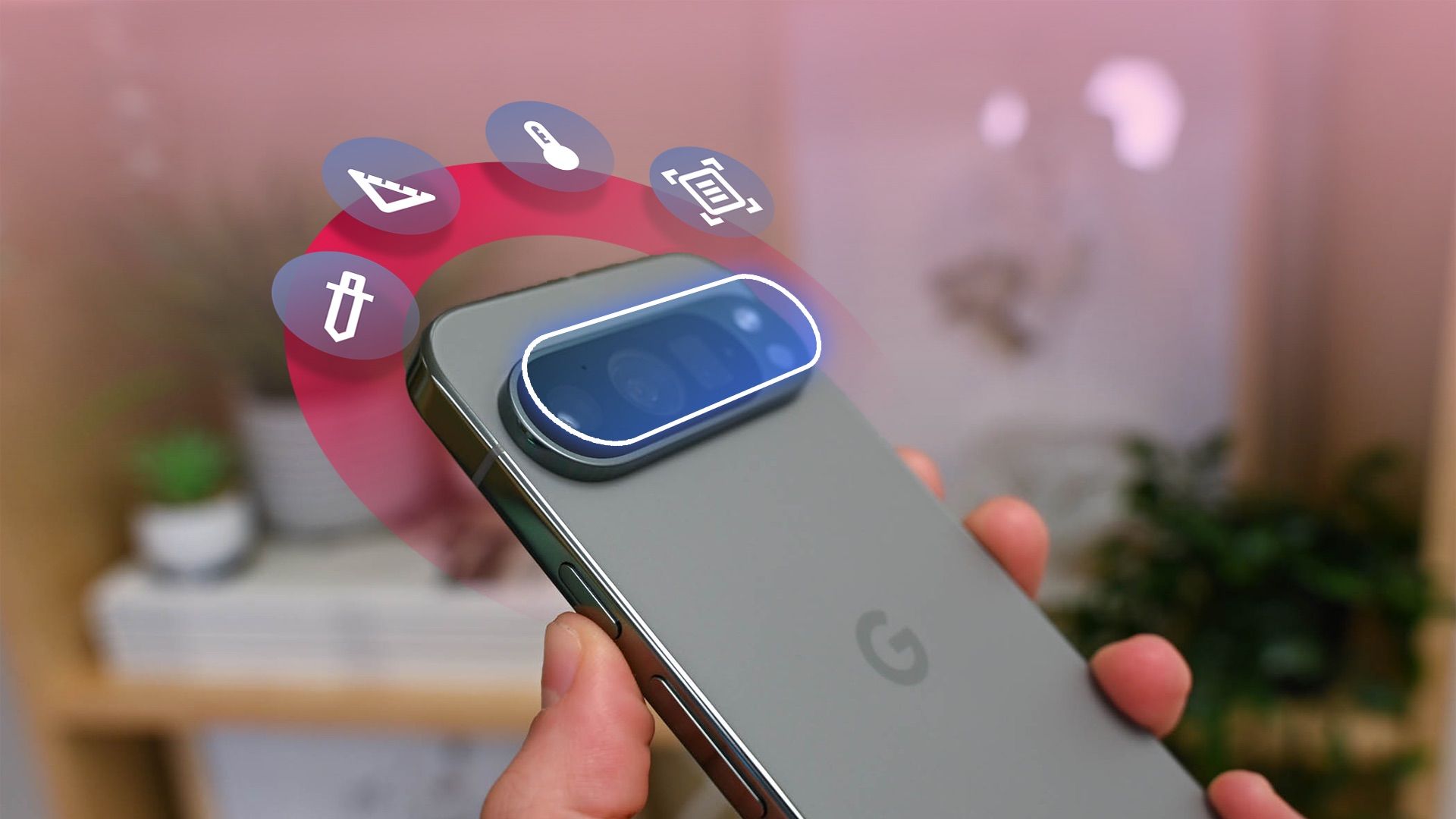 Close-up shot of handing holding Google Pixel phone with animated icons surrounding the camera