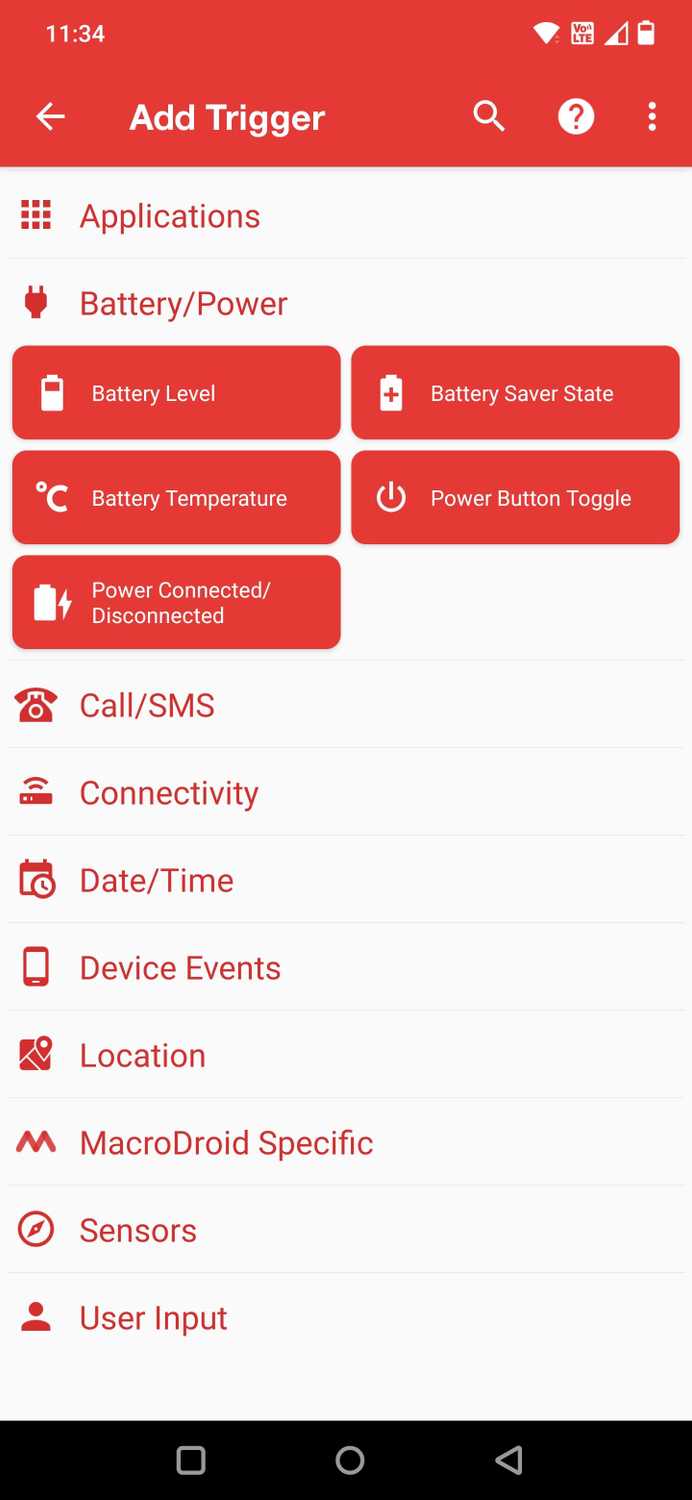 Screenshow of the MacroDroid app showing the Battery Level option